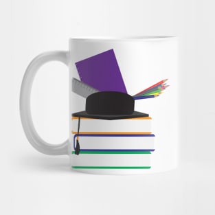 Graduation cap with chool supplies on Books Mug